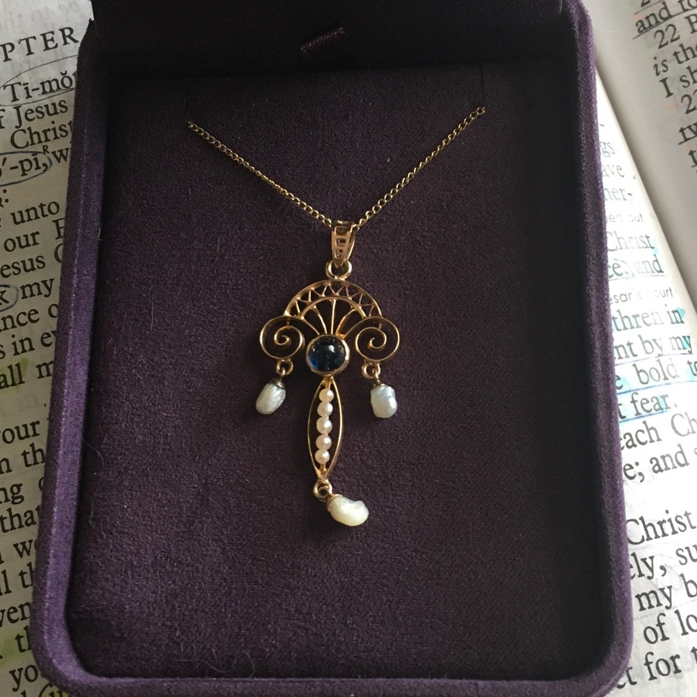 Gold-Tone Pearl & Blue Stone Drop Pendant Necklace
